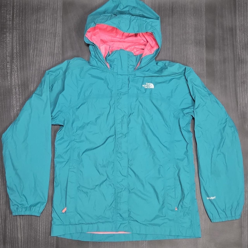 The North Face Youth Girls Size XL 18 Full Zip Teal/Hot Pink Hyvent Rain Jacket